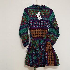 D'IYANU Mali African Fit & Flare Dress (Teal Maroon Multipattern) Size XS NWT